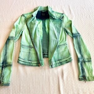 Guess Womens Acid Wash Lime Green Denim Moto Jacket Asymmetric Zip Medium